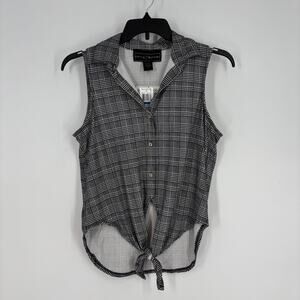 Polly & Esther Womens Juniors Shirt Tie Front Top Black White Plaid Button Small